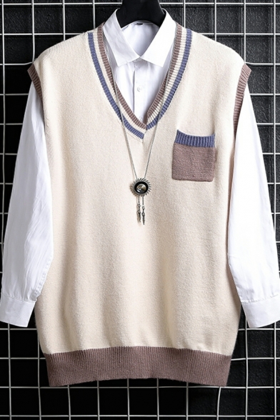Fancy Contrast Color V-Neck Loose Fitted Chest Pocket Knitted Vest for Boys