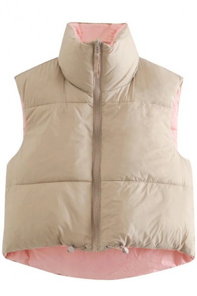 Ladies Elegant Contrast Color Stand Collar Sleeveless Regular Zip Up Cropped Vest
