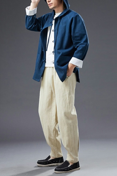 Men Retro Color Block Pocket Decoration Hooded Drawstring Long Sleeve Regular Jacket