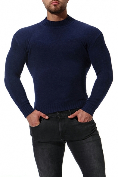 Mens Trendy Sweater Pure Color Rib Hem Long Sleeves Mock Collar Slimming Pullover Sweater