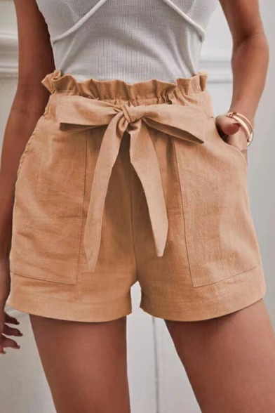 Modern Women Solid Front Pocket Mid Rise Relaxed Drawstring Waist Shorts