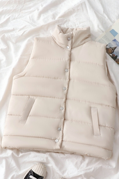 Unique Women Pure Color Pocket Stand Collar Sleeveless Button Placket Vest