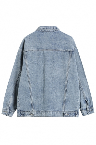 Unique Women Solid Chest Pocket Single Breasted Oversized Spread Collar Denim Jacket