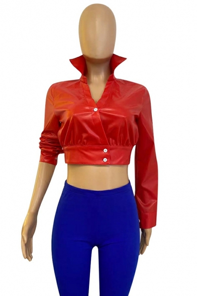 Women's Red Cropped Leather Coats and Jackets with Stand-up Collar and Single Breasted