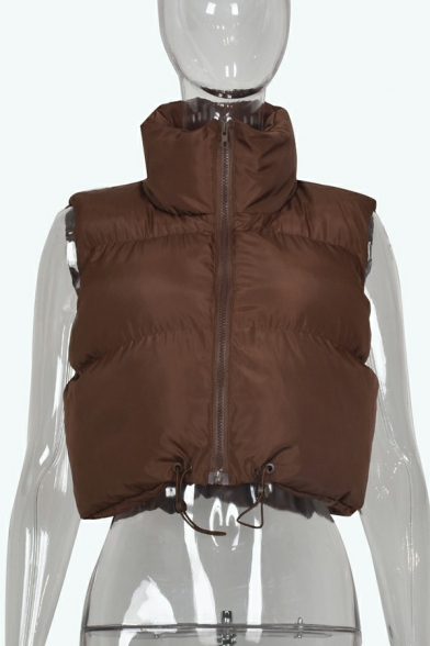 Basic Contrast Color Stand Collar Pocket Decoration Zip Fly Crop Vest for Women