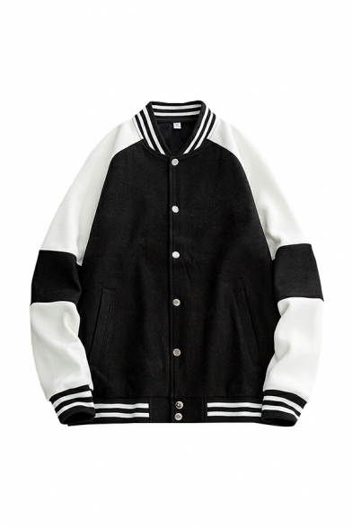 Guy's Chic Contrast Line Button Closure Loose Stand Collar Long-sleeved Baseball Jacket