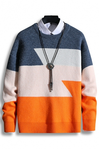 Guys Fancy Sweater Color Block Long Sleeve Round Neck Relaxed Pullover Sweater