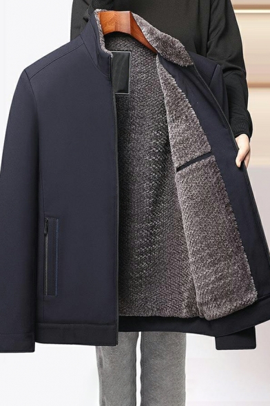 Mens Trendy Plain Stand Collar Long Sleeves Regular Zip Down Leather Fur Jacket