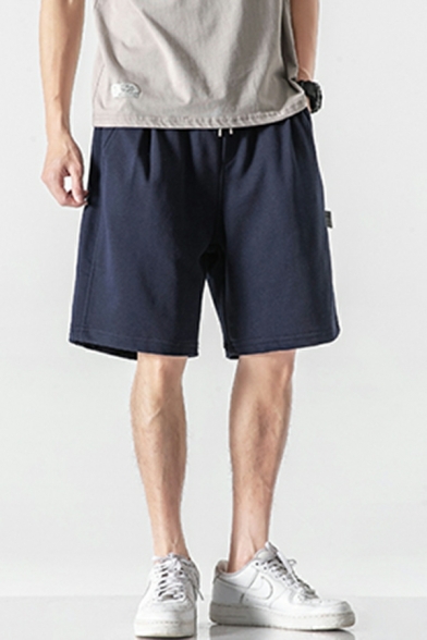 Modern Boy's Solid Pocket Decoration Drawstring Waist Loose Fit Mid Rise Shorts