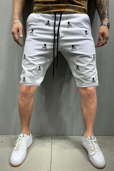 Trendy Skull Printed Pocket Designed Slimming Drawstring Waist Shorts for Men