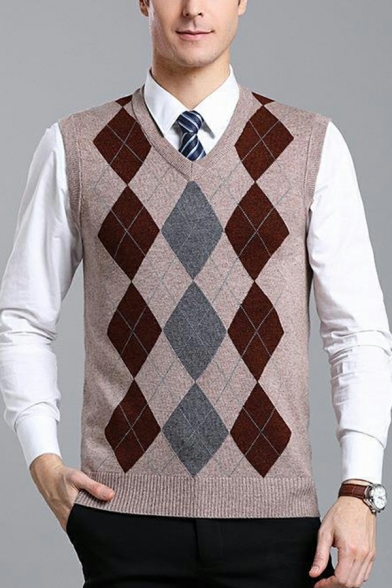 Unique Mens Plaid Printed Rib Hem Regular V-Neck Sleeveless Knitted Vest