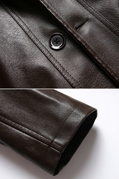 Vintage Mens Plain Pocket Spread Collar Long Sleeve Relaxed Zip Placket Leather Fur Jacket
