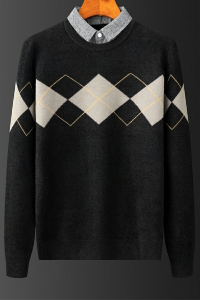 Simple Square Geometric Pattern Long Sleeves Loose Outwear Sweater for Man