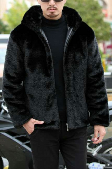 Street Look Men Solid Color Hooded Regular Long Sleeves Zipper Leather Fur Jacket