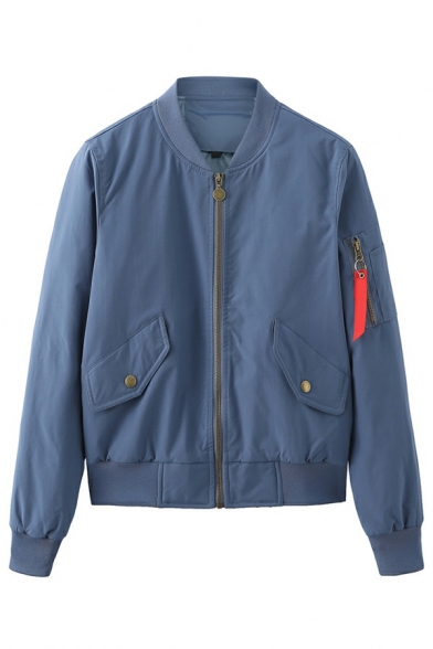 Basic Jacket Solid Color Long-sleeved Stand Collar Zip-up Pocket Regular Jacket for Girls