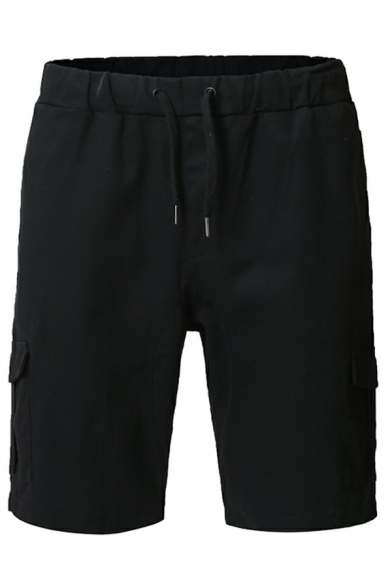 Casual Men Solid Color Flap Pocket Regular Drawstring Waist Cargo Shorts