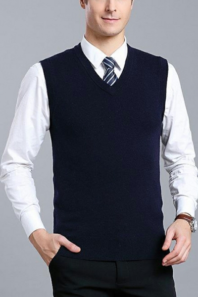 Cool Guy's Pure Color Rib Hem V-Neck Sleeveless Regular Fitted Knitted Vest