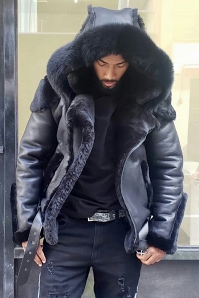 Fashionable Whole Colored Long Sleeves Hooded Regular Zipper Leather Fur Jacket for Guys