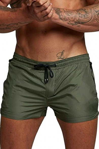 Guys Street Look Solid Mid Rise Pocket Drawcord Waist Slim Fitted Shorts