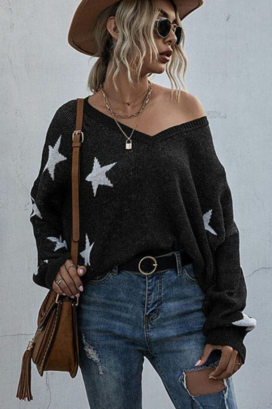Ladies Trendy Star Printed One Shoulder Long Sleeves Cut-outs Fitted Knitted Top