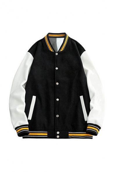 Men Unique Contrast Stripe Long Sleeve Relaxed Stand Collar Button Fly Baseball Jacket