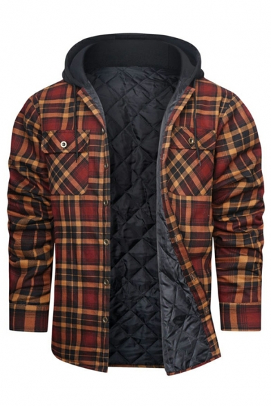 Mens Cool Checked Printed Chest Pocket Long-Sleeved Hooded Slim Fit Button Up Coat