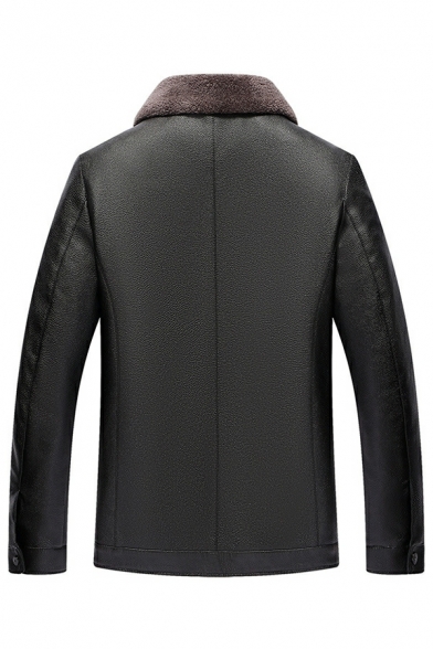 Mens Pop Solid Color Regular Spread Collar Long Sleeves Zip up Leather Fur Jacket