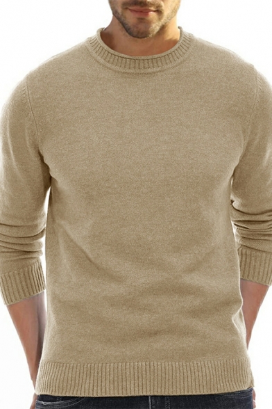 Popular Guy's Sweater Pure Color Round Neck Long Sleeve Slim Ribbed Hem Pullover Sweater