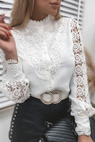 Women Elegant Shirt Plain Long-Sleeved Crew Collar Lace Detail Button Placket Shirt
