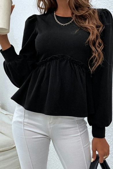Women Leisure Pure Color Round Neck Long Sleeves Ruffles Designed Knitted Top