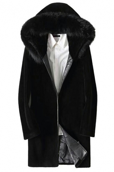 Boyish Guy's Whole Colored Pocket Decoration Hooded Fitted Zipper Leather Fur Jacket