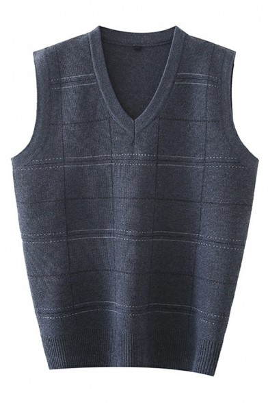 Boyish Plaid Printed V Neck Regular Fitted Sleeveless Knitted Vest for Men