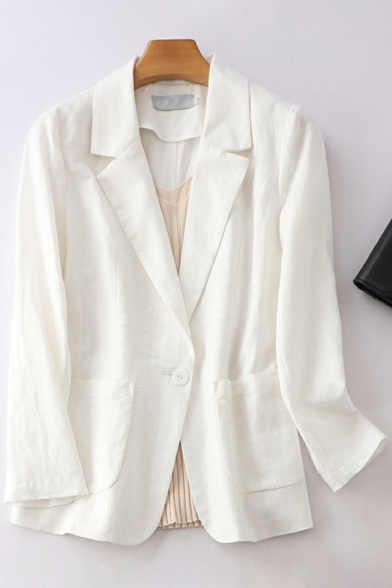 Casual Ladies Plain Chest Pocket Lapel Collar Relaxed Long Sleeve Single Button Blazer