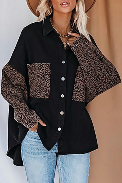 Fancy Ladies Leopard Print Turn-down Collar Long Sleeves Single Breasted Denim Jacket