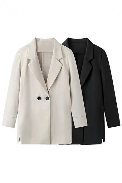 Fashion Plain Lapel Collar Long Sleeve Relaxed Double Buttons Blazer
