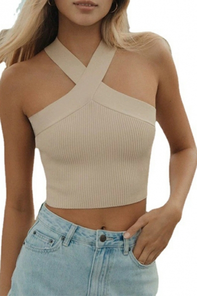 Girls Original Plain Halter Sleeveless Slim Fitted Cropped Knitted Top