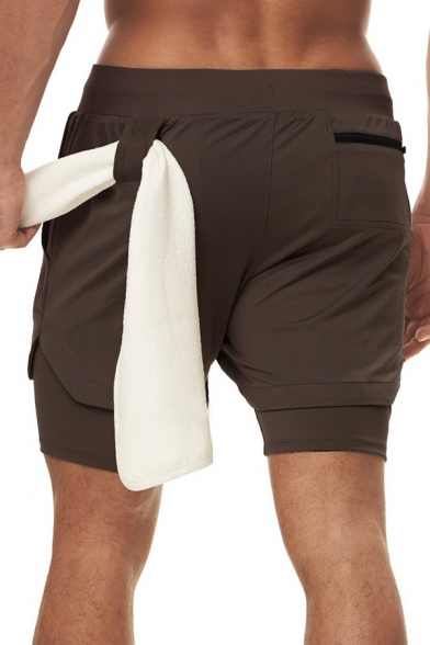Guy's Modern Plain Pocket Drawstring Waist Regular Fitted Double Layer Shorts