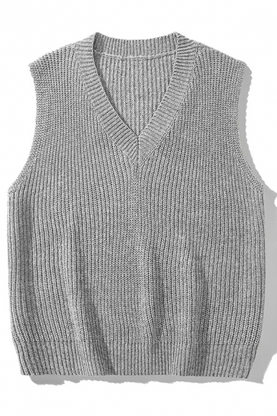 Guy's Unique Solid Color V Neck Sleeveless Rib Hem Regular Fitted Knitted Vest