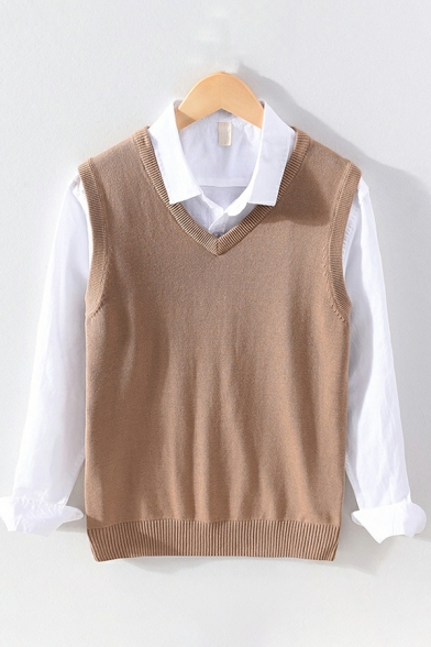 Leisure Boy's Whole Colored V Neck Sleeveless Relaxed Ribbed Hem Knitted Vest