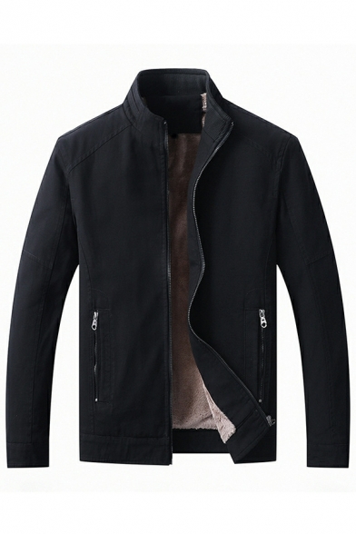 Men Novelty Long Sleeve Pocket Front Stand Collar Zip Closure Skinny Coat