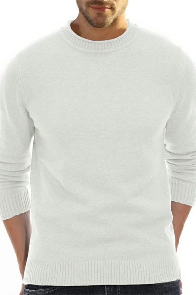 Popular Guy's Sweater Pure Color Round Neck Long Sleeve Slim Ribbed Hem Pullover Sweater