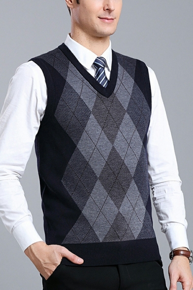 Street Style Boys Checked Pattern V-Neck Sleeveless Regular Fit Knitted Vest