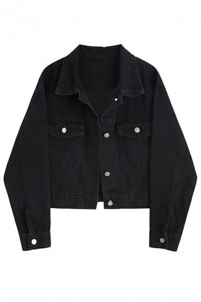 Stylish Girls Jacket Plain Spread Collar Pocket Design Button down Crop Denim Jacket