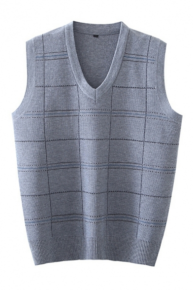 Boyish Plaid Printed V Neck Regular Fitted Sleeveless Knitted Vest for Men