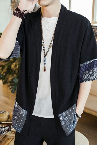 Fashionable Guy's Tribal Printed Half Sleeve Stand Collar Fitted Open Front Coat