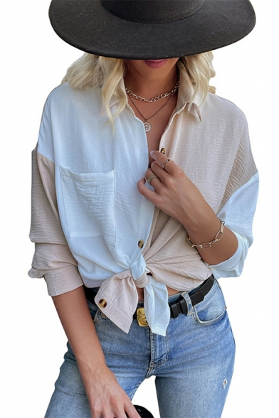 Girls Street Look Shirt Contrast Stitching Long Sleeve Turn-down Collar Button Fly Shirt