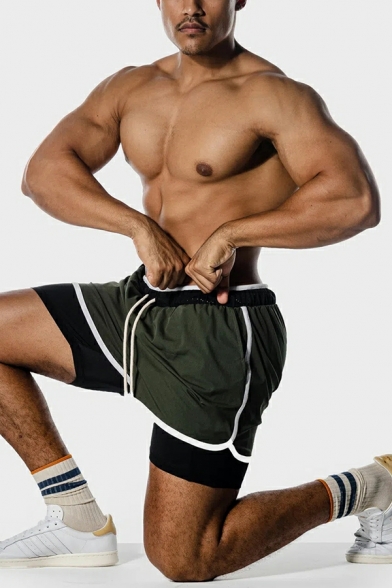 Men Boyish Color-blocking Double Layer Drawstring Waist Regular Shorts