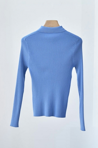 Stylish Women Whole Colored Regular Long Sleeves Point Collar Button Fly Knitted Top