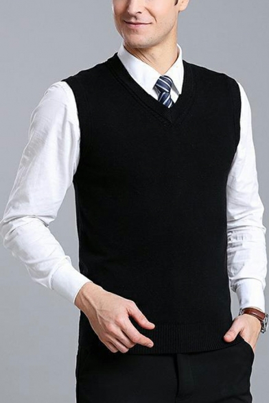 Urban Boy's Solid Color V-Neck Regular Fit Ribbed Hem Knitted Vest for Boys