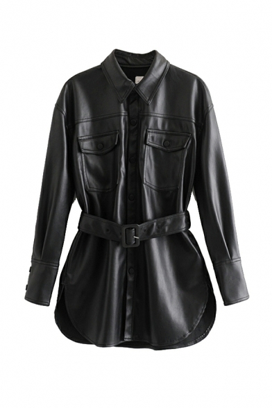 Women Vintage Pure Color Point Collar Long Sleeves Belt Single Breast Leather Jacket